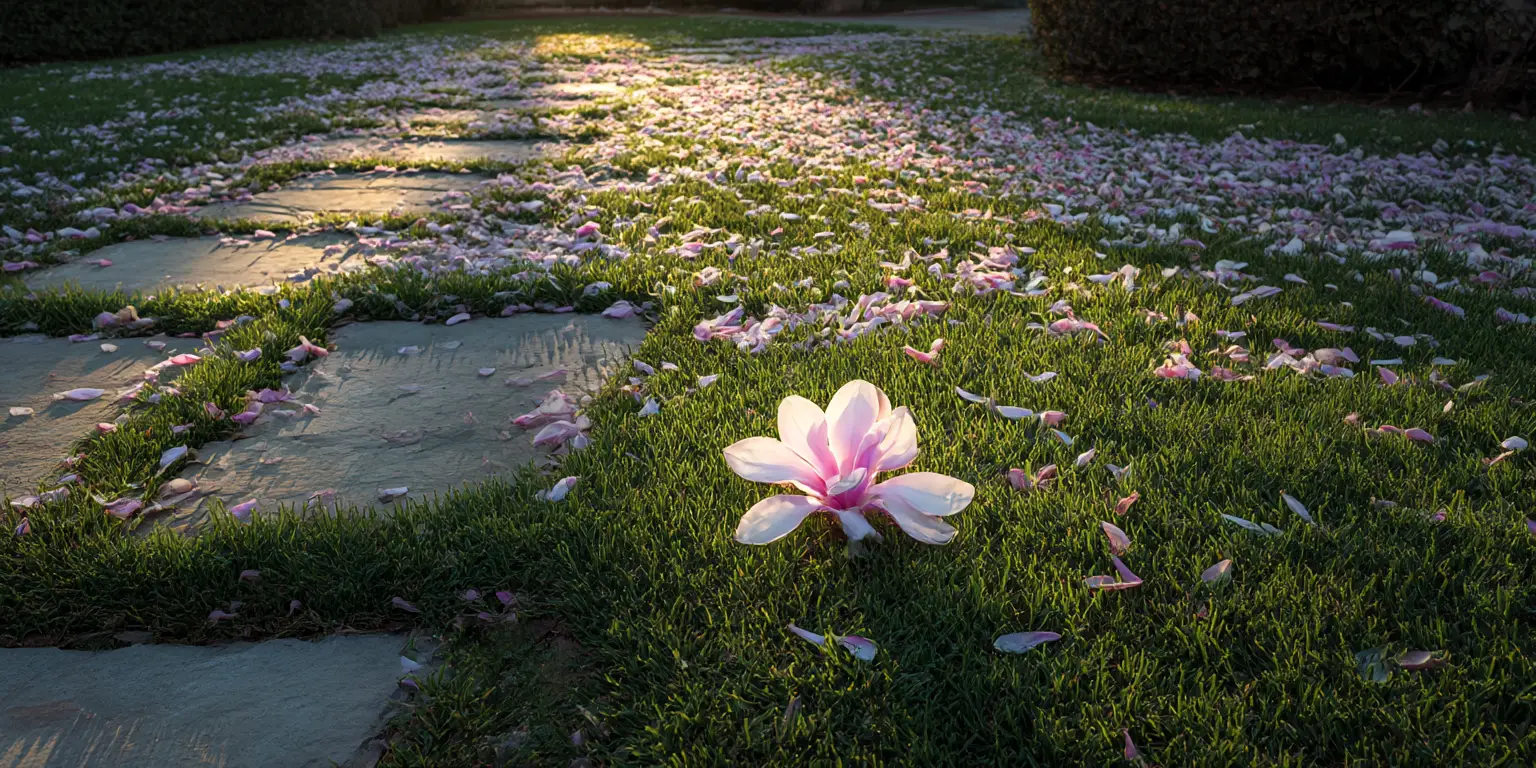 Fallen magnolia petals carpeting lawn, single bloom at sunset.