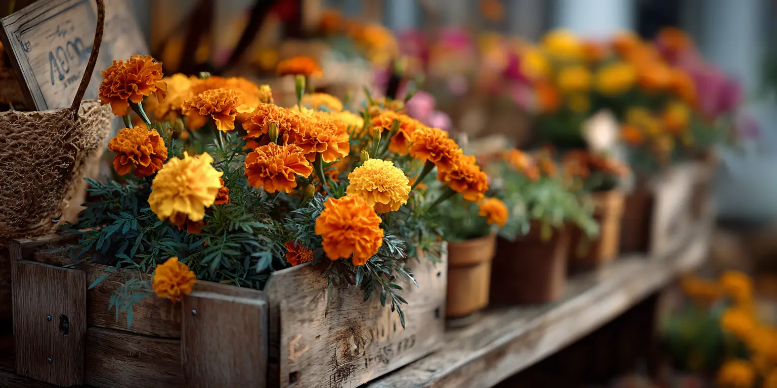 Orange and yellow marigold blooms growing in a rustic wooden crate with potted plants behind