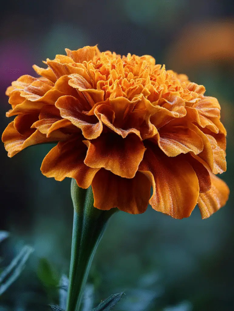 Marigold close-up, ruffled orange petals, single stem.