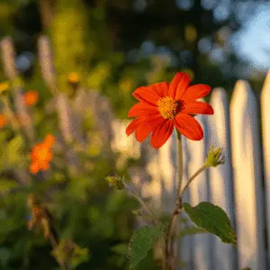 Vibrant orange flower near white fence