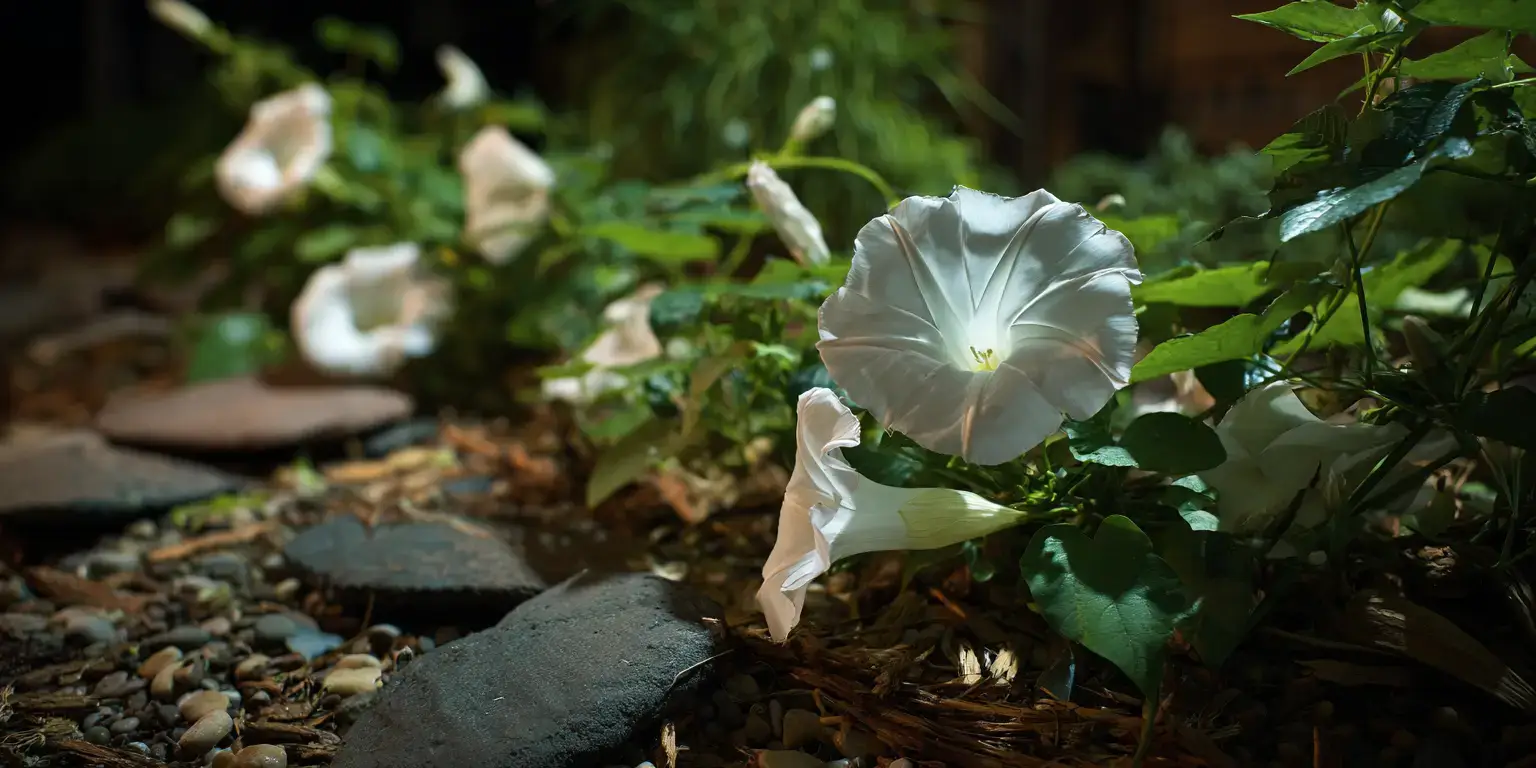 White trumpet-shaped moonflowers opening along a garden path at night