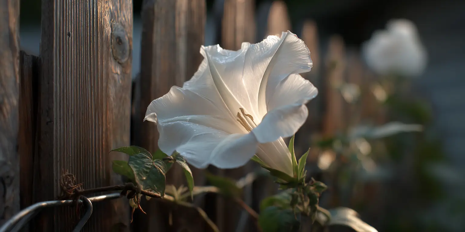 Large white moonflower bloom opening on a vine against a weathered wooden fence