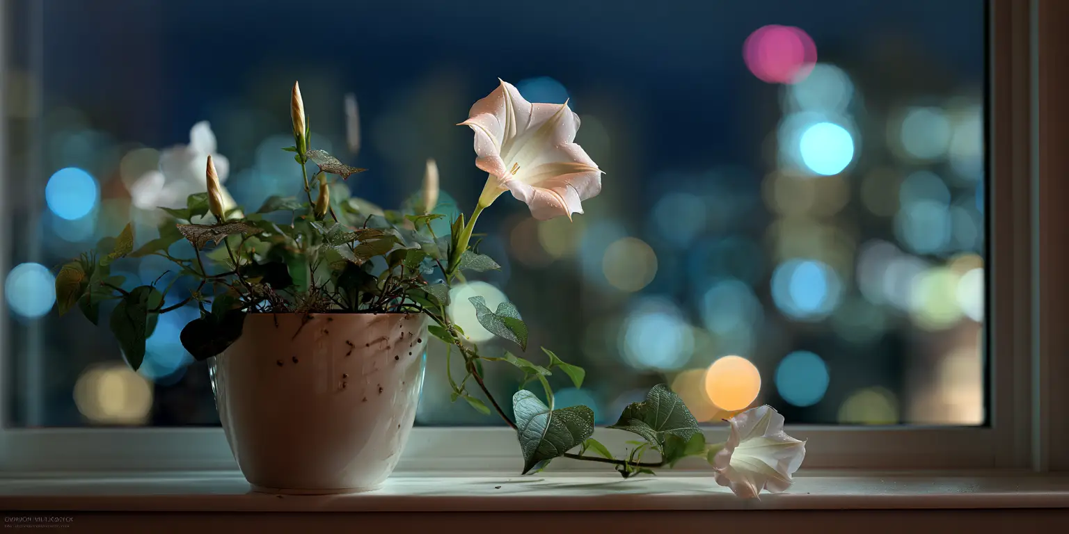 Potted moonflower on windowsill, night city bokeh.