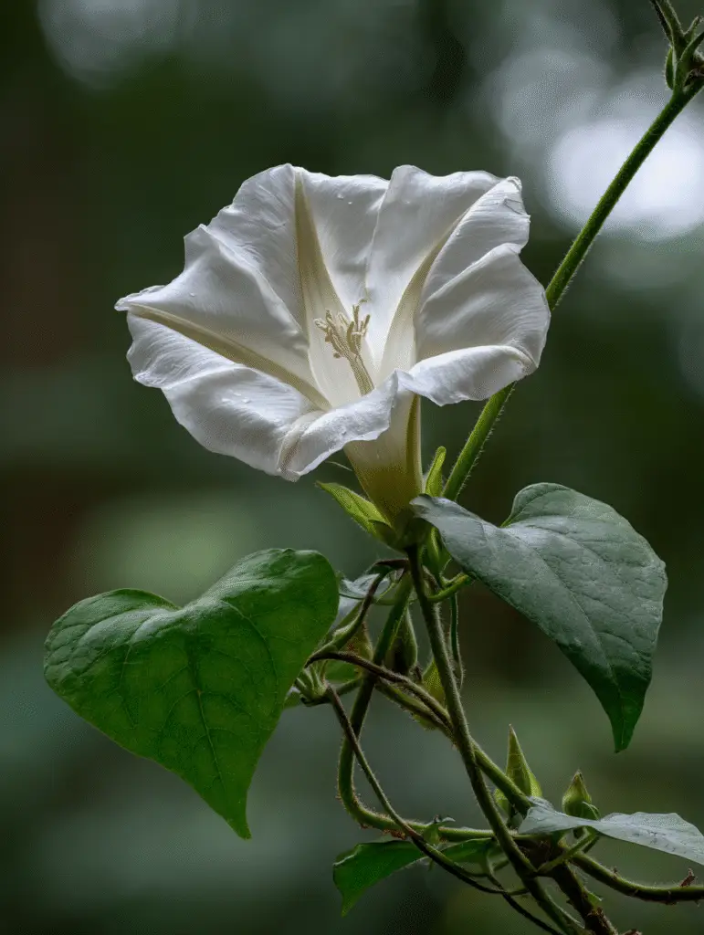 Moonflower close-up, white trumpet bloom, heart-shaped leaves, vine.