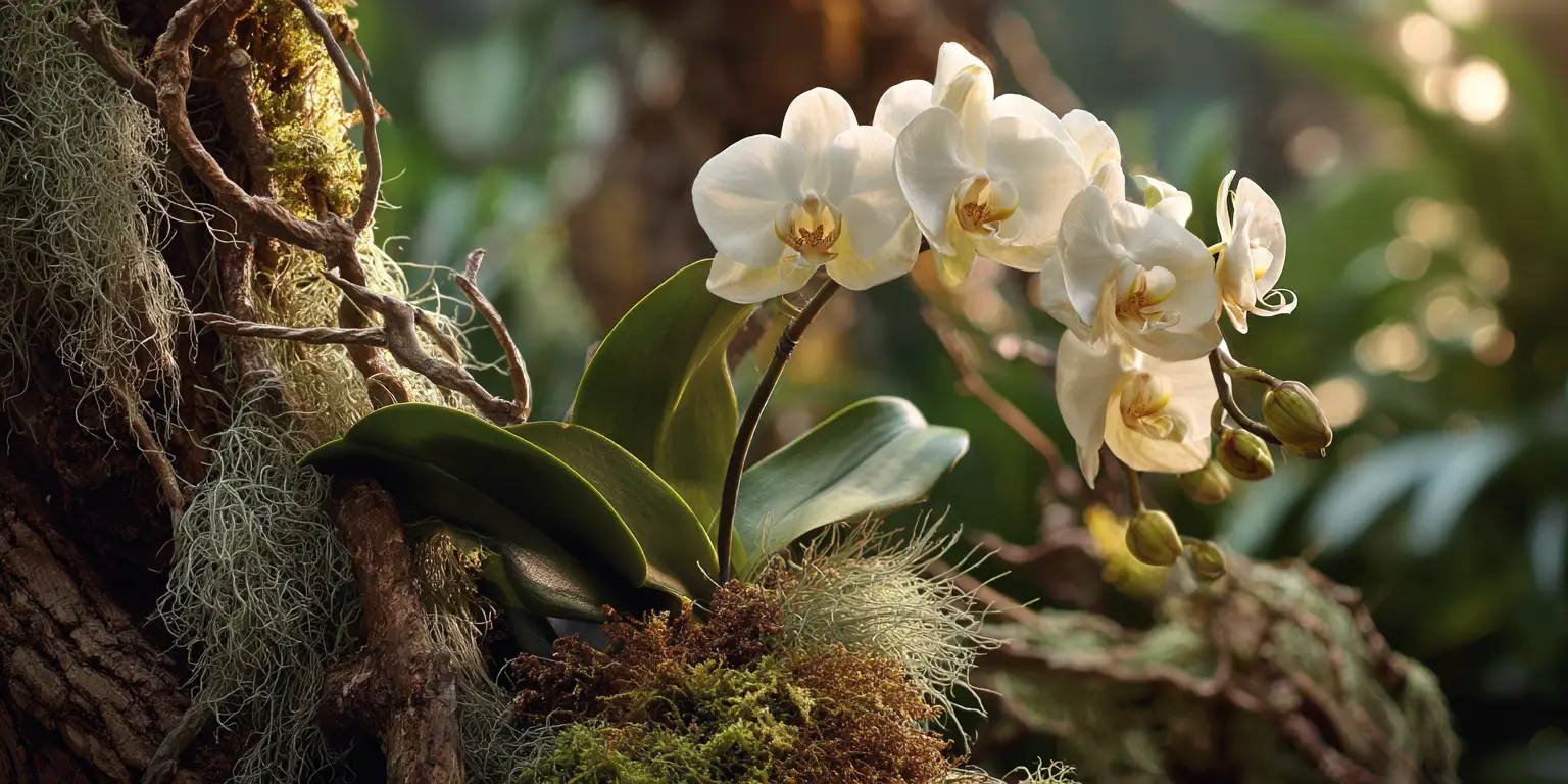 White moth orchid flowers and buds on an arching stem mounted on mossy bark