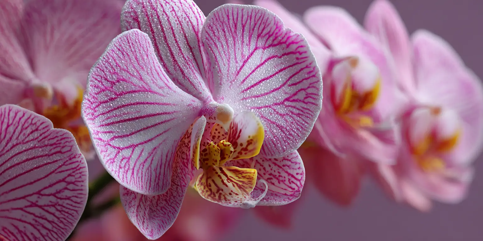 Pink and white veined moth orchid blooms with yellow lips against a lilac background