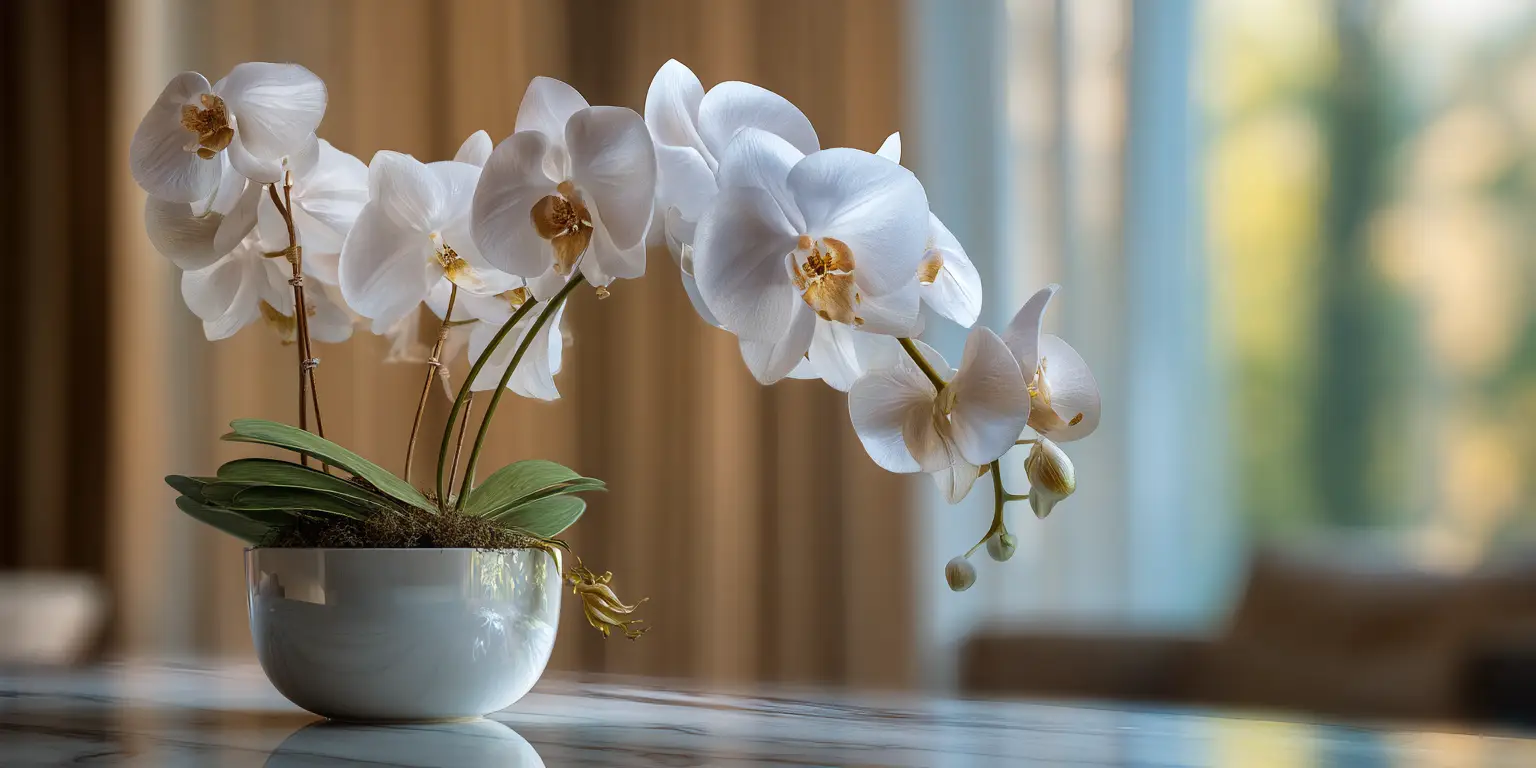 White Phalaenopsis in ceramic bowl, arching stems, buds, modern interior.