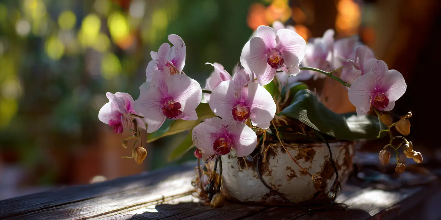Potted pink Phalaenopsis, trailing spikes, dappled sunlight, rustic container.