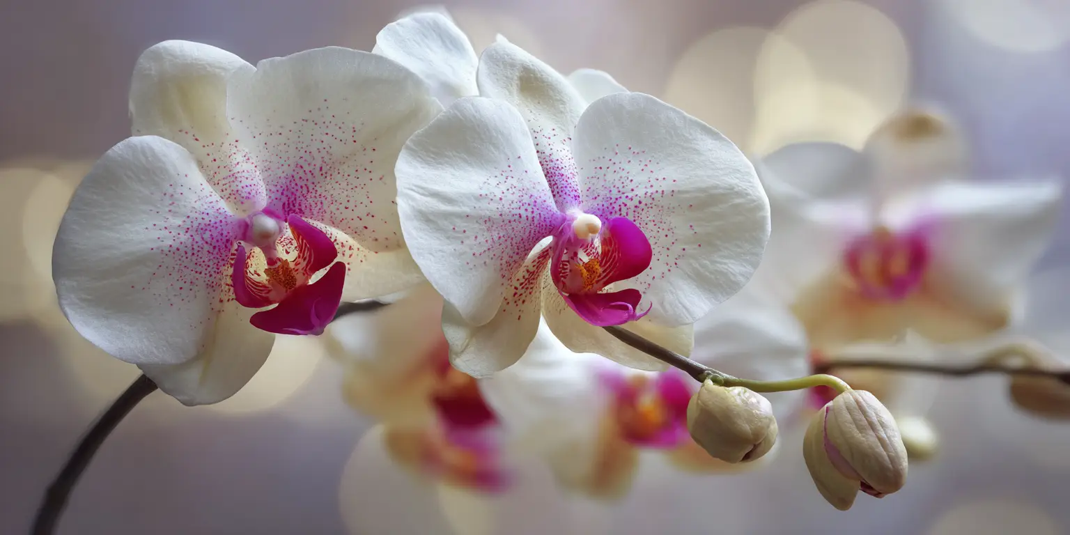 White Phalaenopsis sprays, pink speckles, magenta lip, soft bokeh.