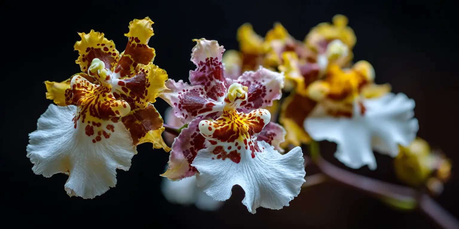 Oncidium hybrid flowers, frilled white petals, maroon spotting, close-up.