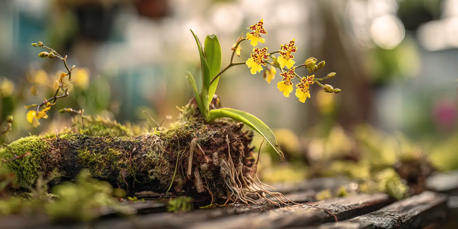 Mounted Oncidium on mossy bark, roots exposed, tiny sprays.