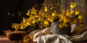 Yellow and brown oncidium orchid sprays arranged in a stone vase on a wooden table