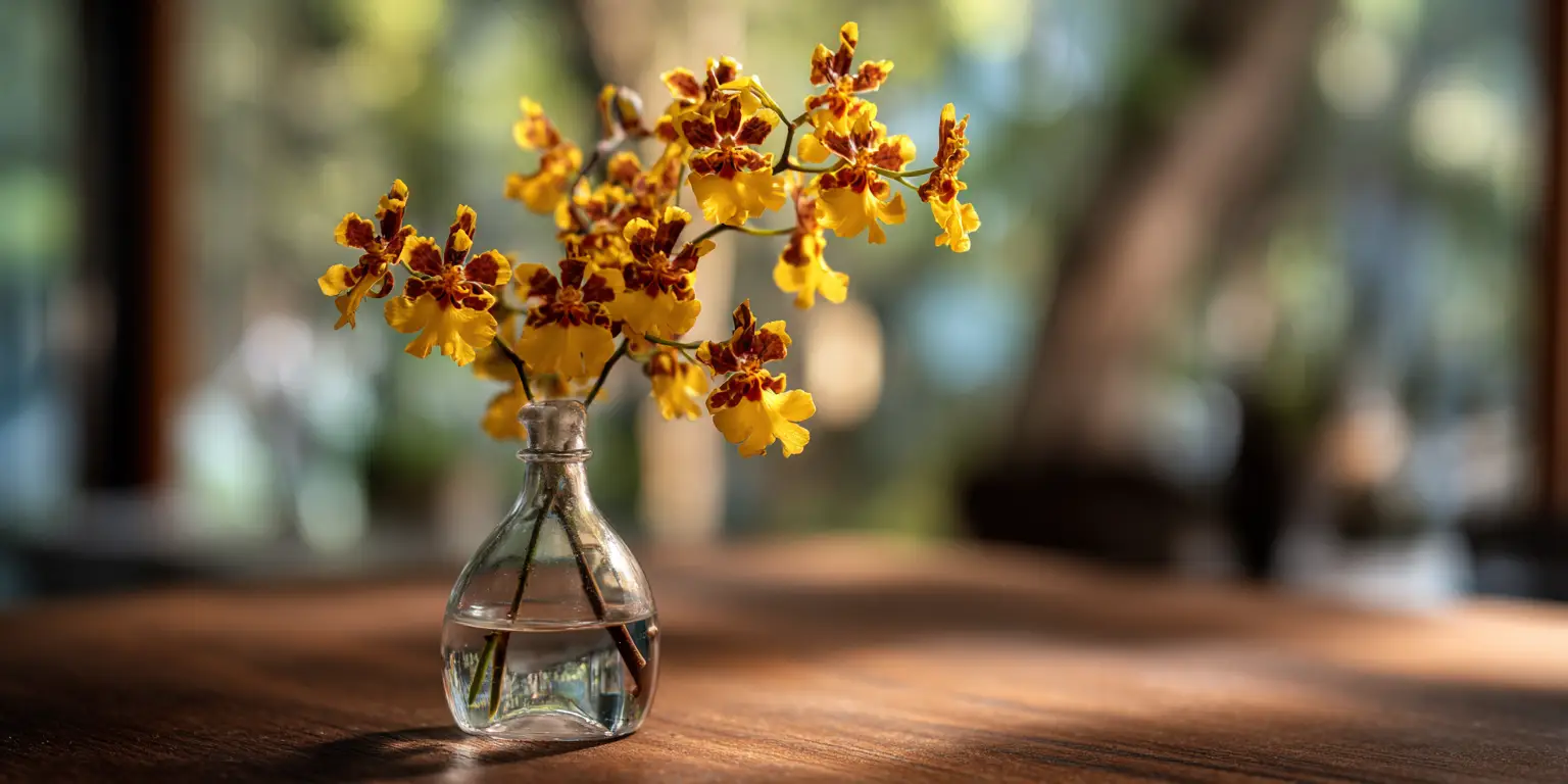 Single Oncidium spray in glass bud vase, soft bokeh.