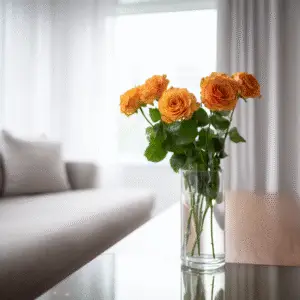 Vase of vibrant orange roses.