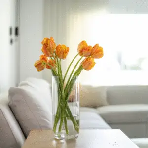 Vase of vibrant orange tulips.