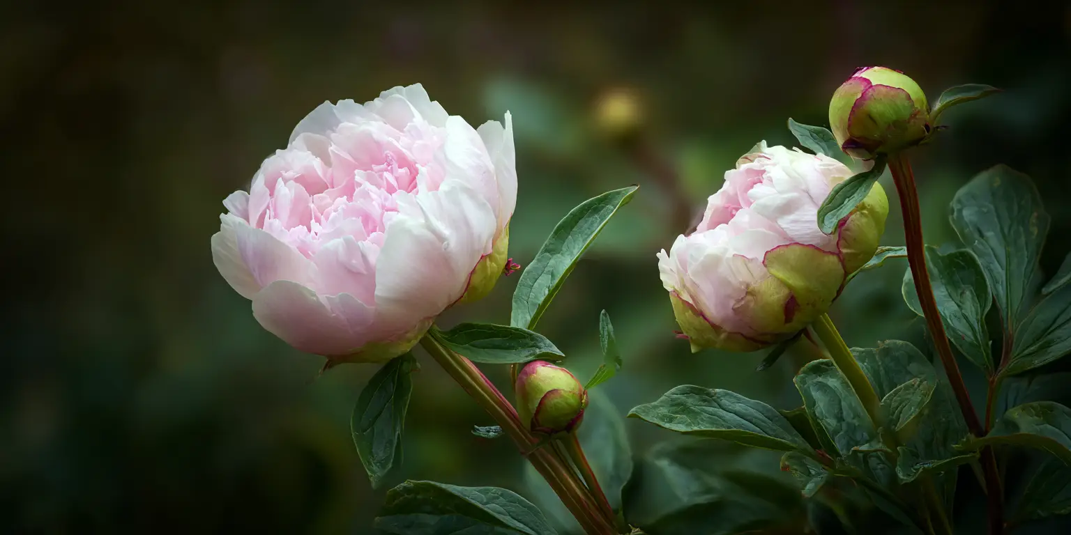 Peony pale-pink double blooms with buds, soft light.
