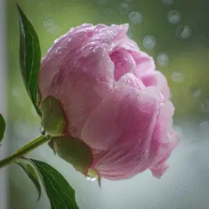 Pink peony with raindrops glistening