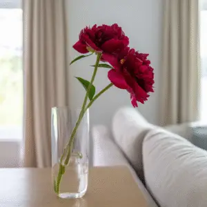 Two red peonies in a vase
