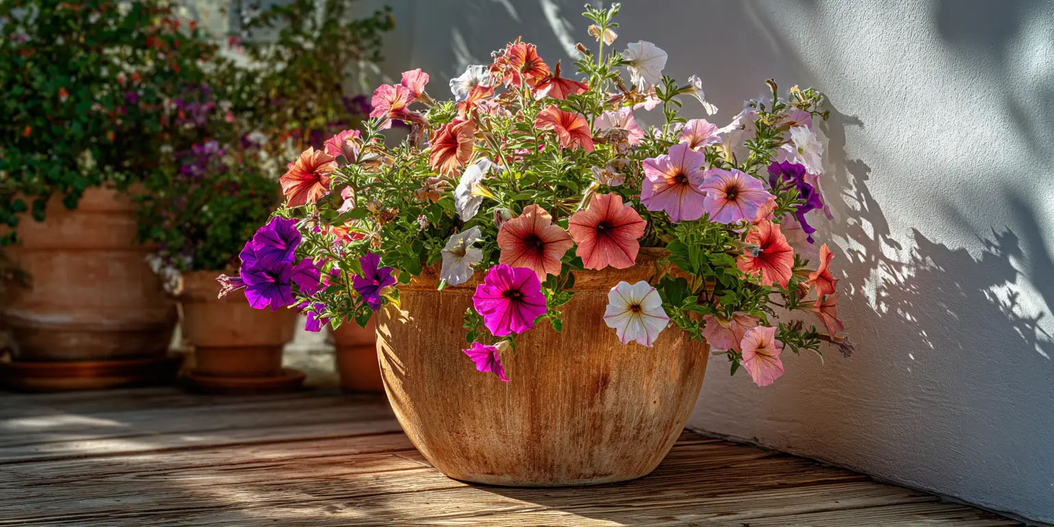 Pink, purple and salmon petunias spilling from a terracotta pot on a sunny wooden deck