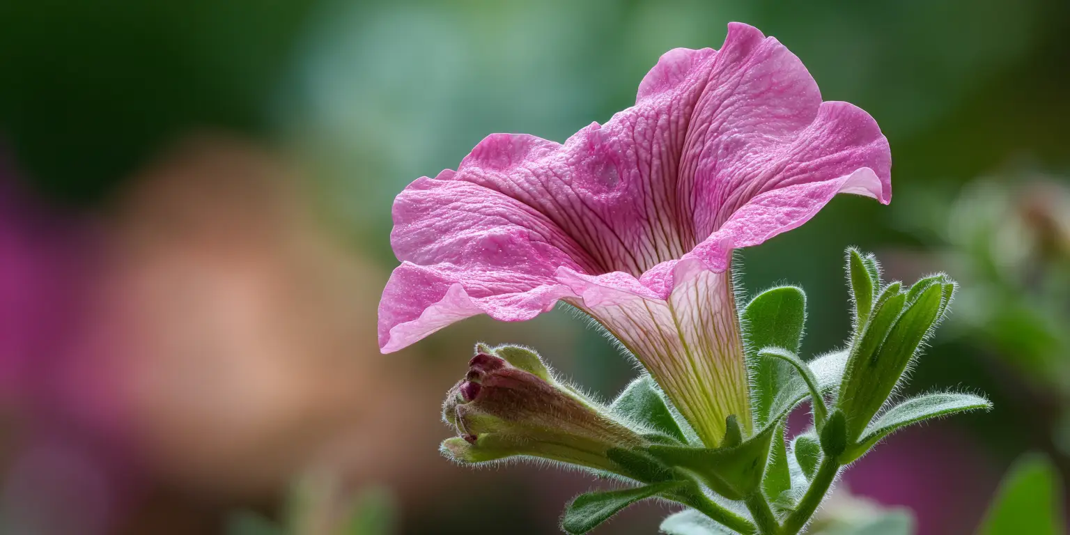 Petunia bloom with bud, soft background bokeh.