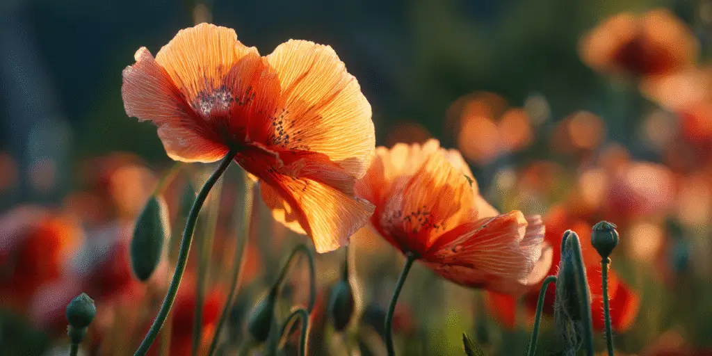 Orange poppies with dark centers and curving stems and buds in a sunlit field