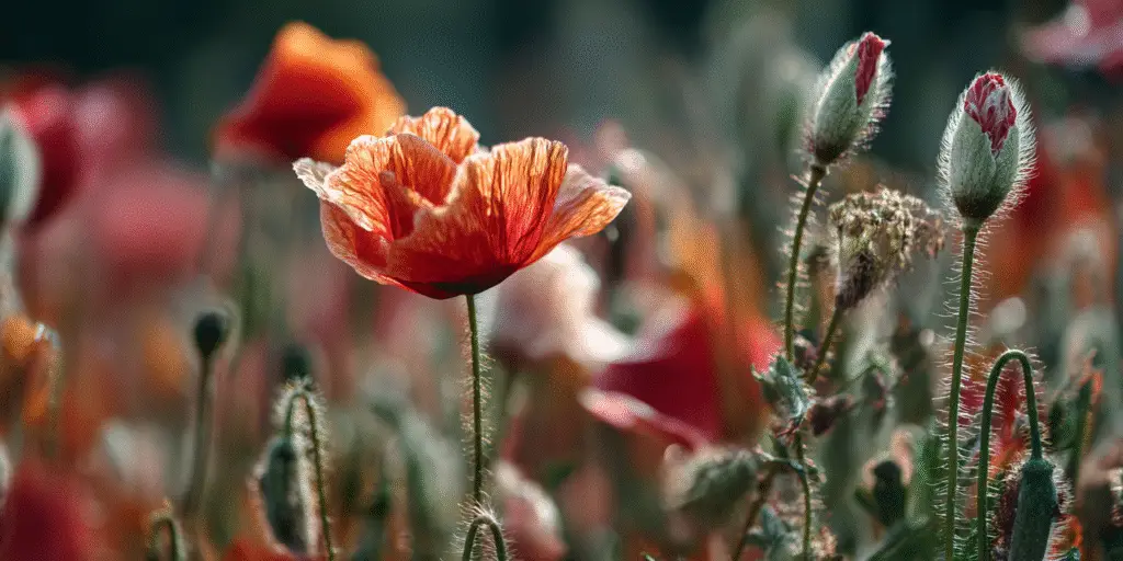 Single orange red poppy in bloom with hairy unopened buds in a sunlit poppy field