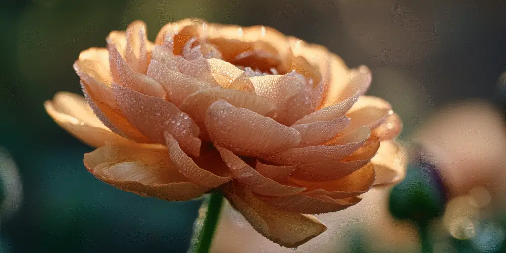 Single peach apricot ranunculus bloom with many layered tissue-thin petals and dewdrops