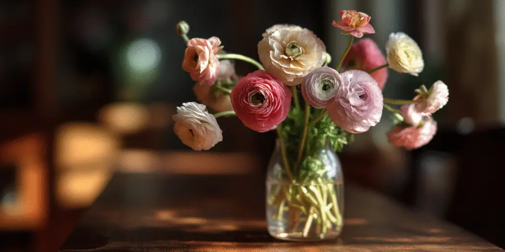 Bouquet of layered ranunculus blooms in pink, white and cream in a glass jar on a wooden table