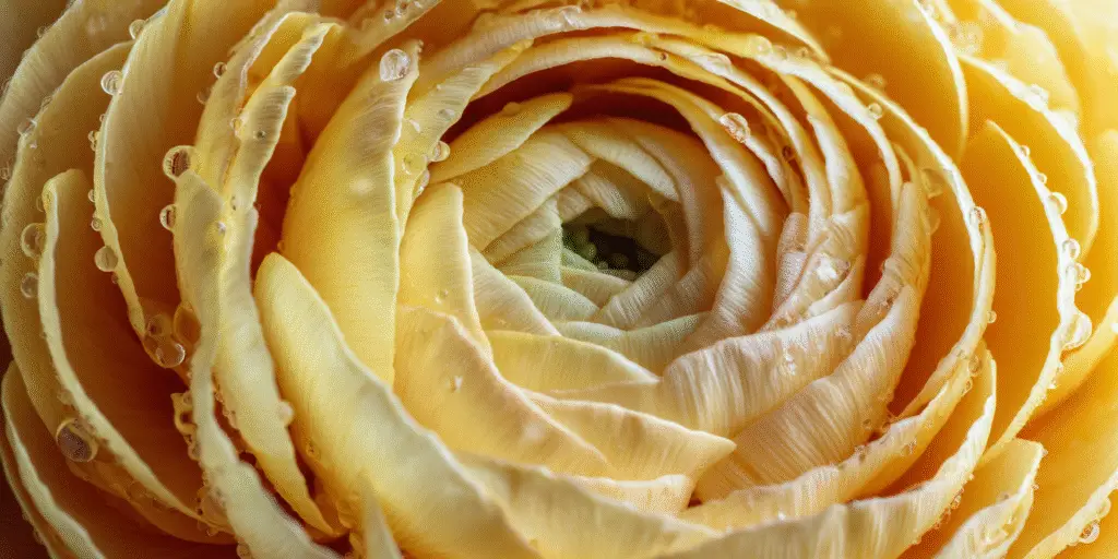 Close-up of a yellow ranunculus bloom with layered spiralling petals and dewdrops