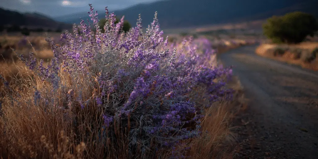 Airy Russian sage with silvery stems and purple flower spikes growing beside a country road