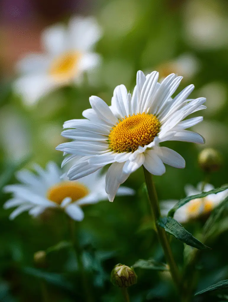 Shasta daisy close-up, white petals, golden disk, green bokeh.