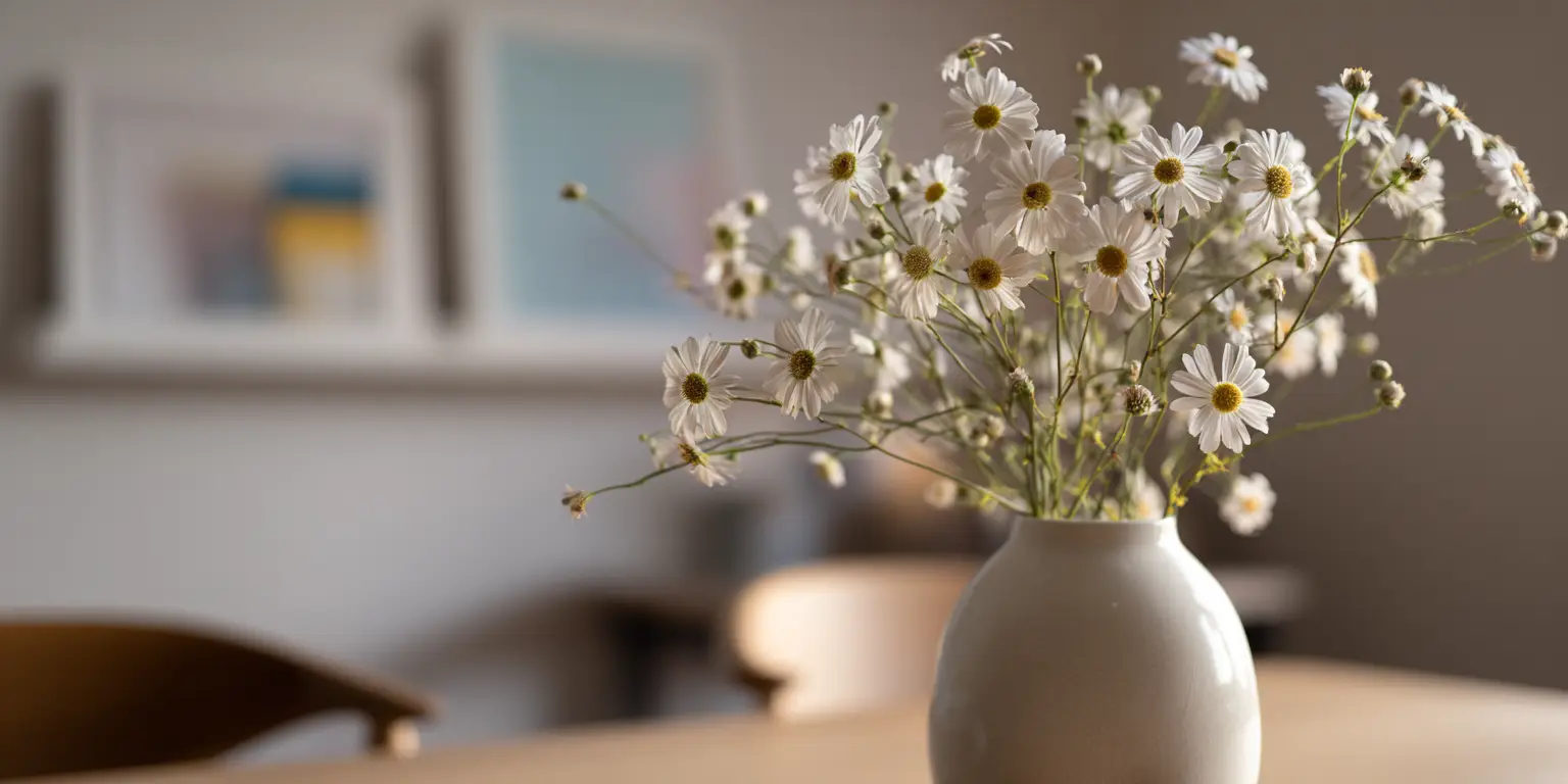 Dainty daisies in ceramic vase, airy stems, indoors.