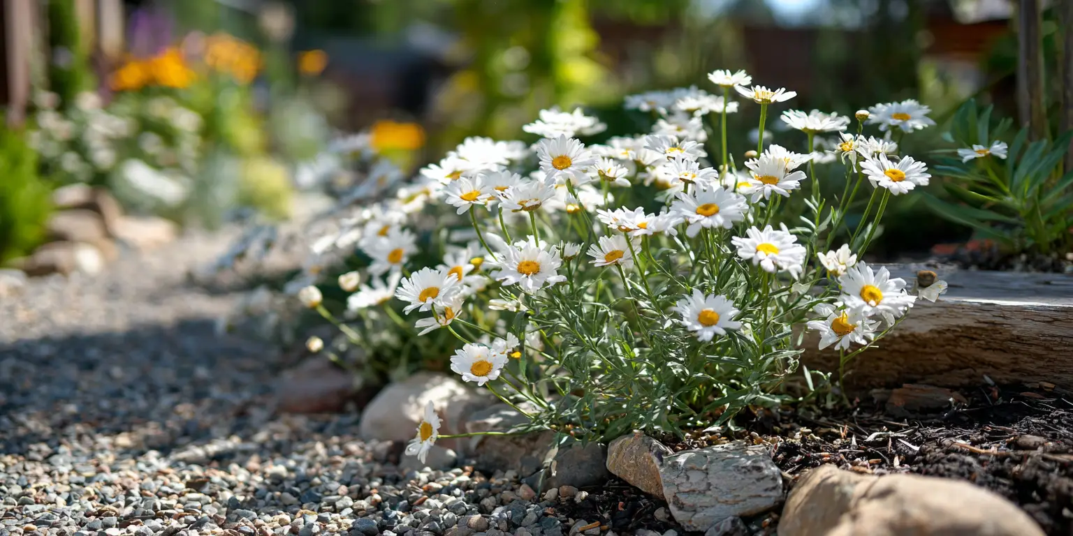 Daisies edging gravel path, sunlit clumps, cottage border.