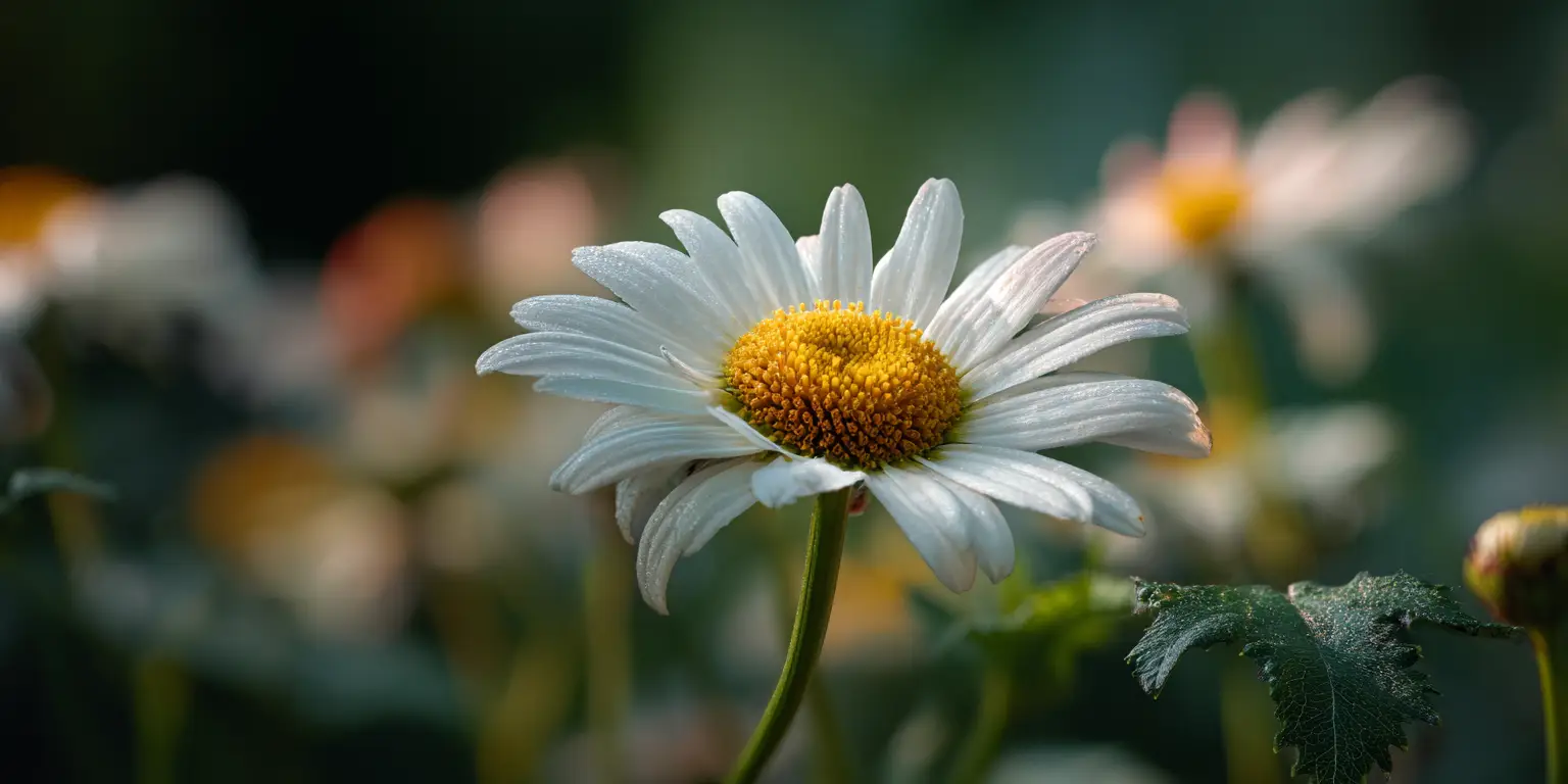 Daisy bloom with dewdrops, radiant center, soft background.