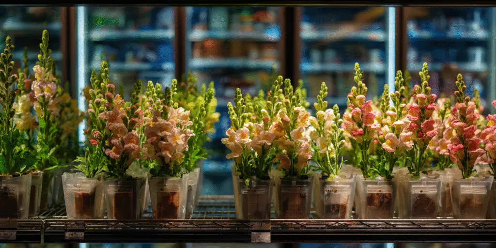 Potted snapdragon spikes in pink, peach, and yellow lined up on a shop shelf