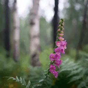 Pink flower in a misty forest