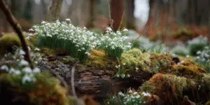 White nodding snowdrop flowers growing on a mossy log in a woodland setting
