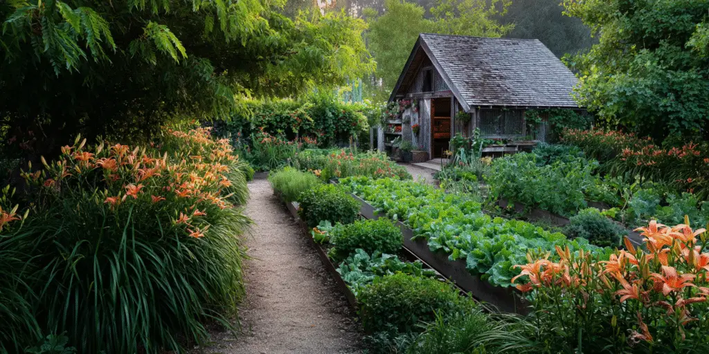 Orange spotted tiger lilies lining a gravel path beside vegetable beds and a wooden garden shed