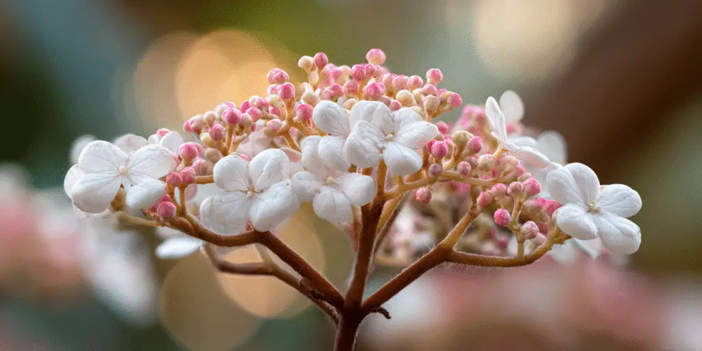 Viburnum cluster of white flowers and pink buds on a branching stem with bokeh background