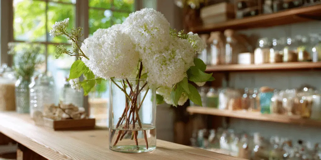 White rounded viburnum flower clusters with green leaves in a glass vase on a wooden counter