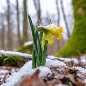 Daffodil blooming amidst melting snow