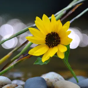 Bright sunflower beside smooth pebbles.