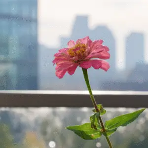Pink flower against city skyline backdrop