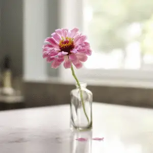 Single pink flower in glass vase