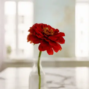 Single red flower in glass vase