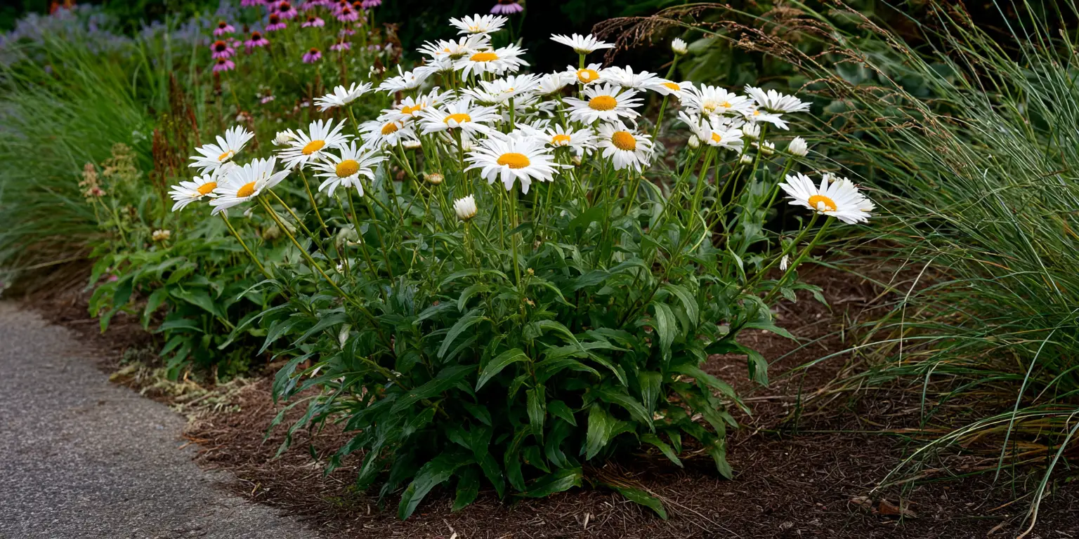 Clump of white Shasta daisies with yellow centers in a green garden border