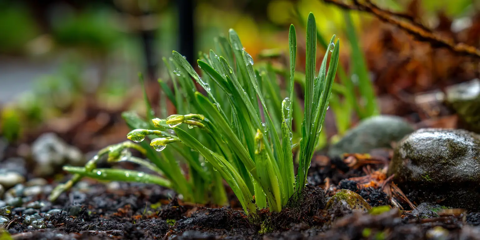 Fresh green shoots with raindrops