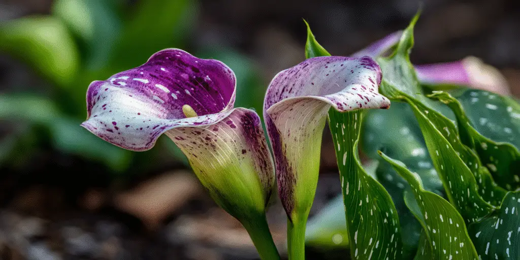 Zantedeschia albomaculata: spotted calla with creamy spathes