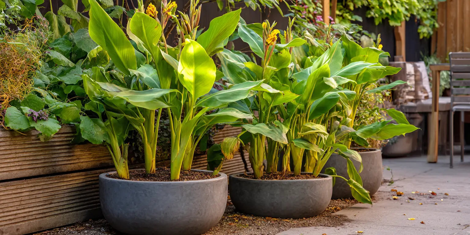 Potted canna lily plants with broad green leaves and yellow blooms on a patio