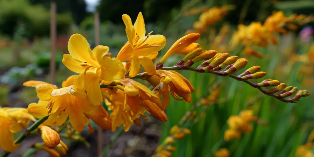 Yellow crocosmia flowers and buds on an arching spray above slender green foliage